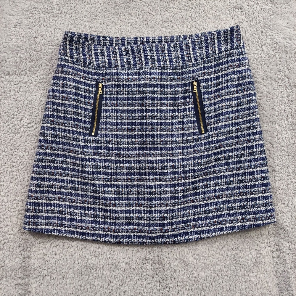 Loft Tweed Mini Skirt Women's 12P Blue‎ Petite A-Line Gold Zipper Pocket